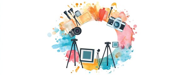 Artistic composition of photography equipment and watercolor splashes on white