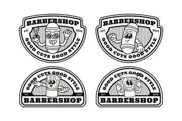 barber pole lamp and shaving brush cartoon logo design collection for barbershop. barber brush with foam and lamp pole emblem logo set. barbershop instrument cartoon badge logo illustration bundle