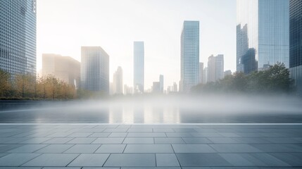 Fototapeta premium A quiet plaza with a skyline under a misty morning sky. Featuring calm and serenity