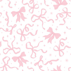 Fototapeta premium Hand drawn repeated illustration with decorative ribbon bows. Abstract vector seamless pattern with cute bow knots. Ornament for surface design, background. Allover rococo print for fabric, package