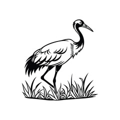 Black and White Heron Bird Silhouette with Grass – Vector Illustration