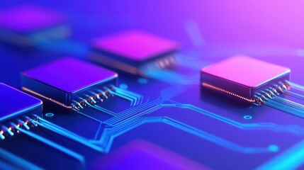 A vibrant close-up of microchips on a circuit board, showcasing intricate details and a blend of purple and blue lighting.