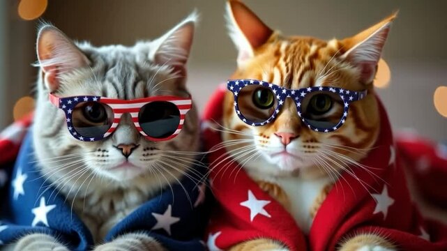 Two cute cats wrapped in an American flag scarf, wearing sunglasses, showing patriotic spirit for Independence Day on the 4th of July.