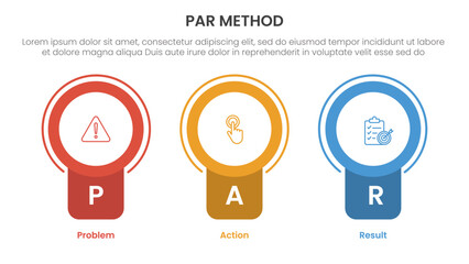 PAR method infographic 3 point with badge circle banner shape for slide presentation