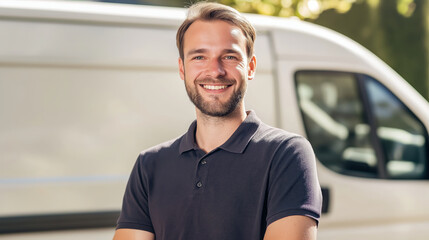 Fototapeta premium Delivery driver smiling with van in background on a sunny day