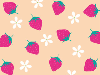 ピンク色のいちごと白いお花の壁紙