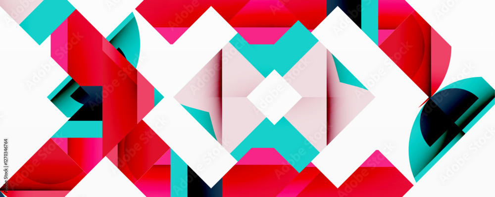 Poster Abstract geometric composition with interlocking circular and angular shapes, featuring smooth gradients and sharp contrasts on a white background