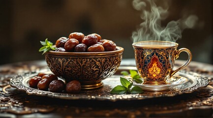 Fototapeta premium A vintage silver tray holds dates and hot mint tea, with steam rising to create a warm Ramadan ambiance.