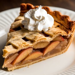 A tempting slice of apple pie features a flaky crust, sweet apple filling, and a dollop of whipped cream. Golden brown pastry and juicy apples are visible.