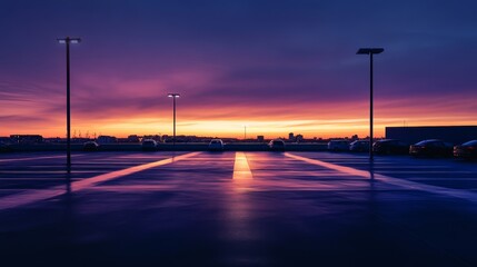 A serene car plaza with a skyline at dusk. Featuring reflection and depth