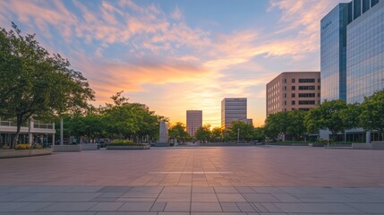 A serene city plaza with a skyline at sunset. Featuring warmth and peace