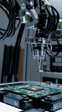 A robotic arm precisely places a microchip on a circuit board in a high-tech lab. The automated process showcases advanced robotics and modern electronics manufacturing