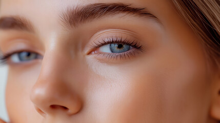 Fototapeta premium Close-up of caucasian woman showing perfect skin and long eyelashes