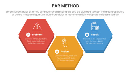 PAR method infographic 3 point with big hexagonal up and down shape for slide presentation