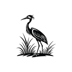 Black and White Heron Bird Silhouette with Grass – Vector Illustration