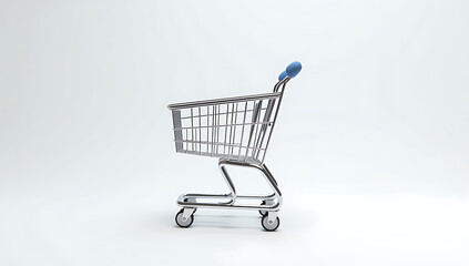 A simple 3D render of a shopping cart with a mobile phone, symbolizing digital commerce and online shopping, placed on a plain white background.