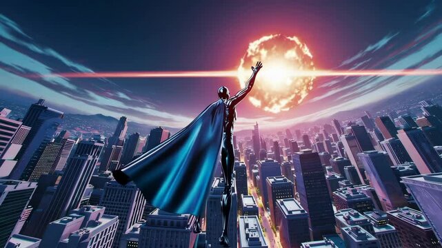 Superhero flying on beautiful cityscape at sunset, surrounded by powerful blue lightning