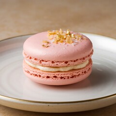 A delectable pink macaron sits on a plate. Two delicate layers are filled with creamy frosting. Golden edible flakes add a luxurious touch.