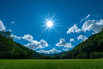 Obraz premium Vibrant sunny day landscape, lush green field, sun rays, blue sky, fluffy clouds, forest backdrop. Ideal for nature, travel, and serenity themes.