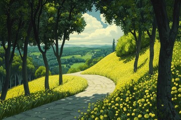 Obraz premium Stone path winds through vibrant yellow wildflowers, lush green trees frame a scenic valley view. Ideal for travel, nature, and serenity themed projects.