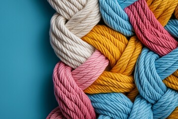 Sculptural concept of intertwined threads in vibrant colors, representing harmony and unity, soft focus artistic approach
