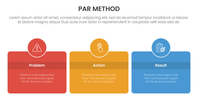 PAR method infographic 3 point with round box and circle badge on center with horizontal direction for slide presentation