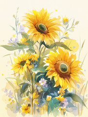 Sunflower watercolor hand-painted decorative elements