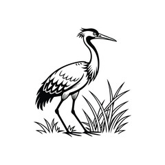 Black and White Heron Bird Silhouette with Grass – Vector Illustration
