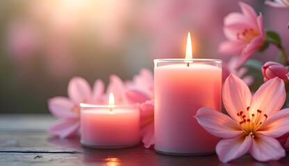 Flowers and candles. Soft pink spring flowers with candles and blurred background with copy space.