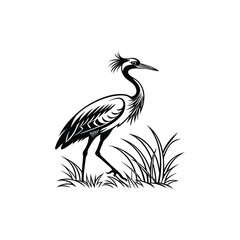 Black and White Heron Bird Silhouette with Grass – Vector Illustration