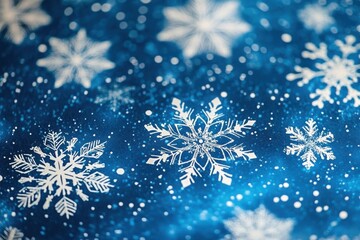 Close-up of white snowflakes on a blue background. Perfect for winter, holiday, and Christmas designs.