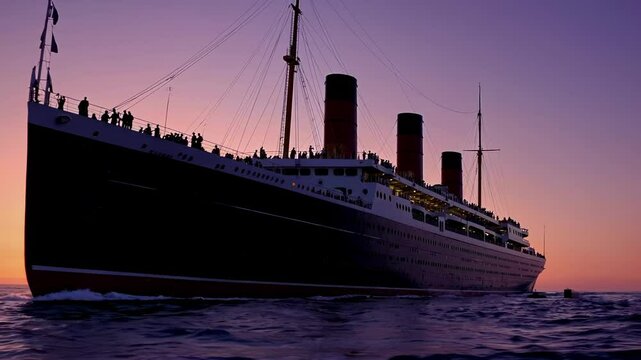 Low-angle video shot of a majestic ocean liner at sunset, highlighting its grandeur and scale against a serene sea and sky backdrop.