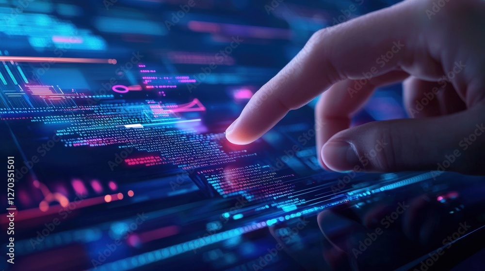 Poster a close-up of a finger interacting with a digital interface, showcasing vibrant colors and data patt