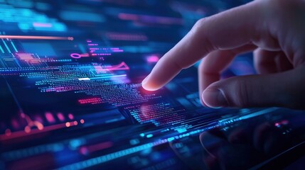 A close-up of a finger interacting with a digital interface, showcasing vibrant colors and data patterns in a futuristic tech environment.