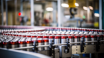 Fototapeta premium Photo of Production line of beer aluminium cans on conveyor in the factory.