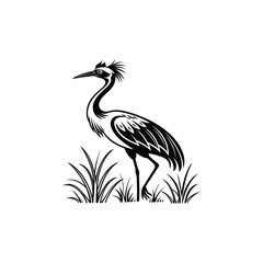 Black and White Heron Bird Silhouette with Grass – Vector Illustration