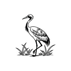 Black and White Heron Bird Silhouette with Grass – Vector Illustration