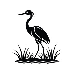 Black and White Heron Bird Silhouette with Grass – Vector Illustration