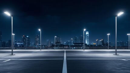 A sleek car plaza with a skyline illuminated by streetlights. Featuring urban sophistication