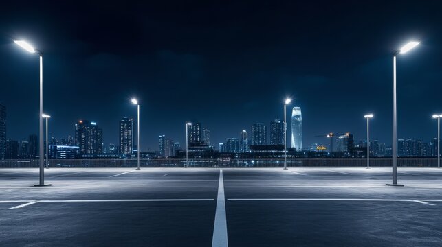 A sleek car plaza with a skyline illuminated by streetlights. Featuring urban sophistication
