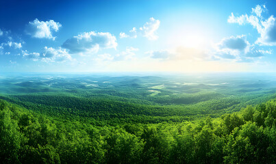 Fototapeta premium Breathtaking panoramic view of a lush green forest under a vibrant blue sky with fluffy clouds. Perfect for nature, travel, or environmental themes.