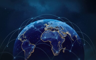 Global connections depicted as glowing arcs over illuminated earth