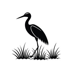 Black and White Heron Bird Silhouette with Grass – Vector Illustration