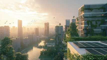 Fototapeta premium Eco Friendly Cityscape Sustainable Architecture Green Buildings and Solar Panels at Sunset