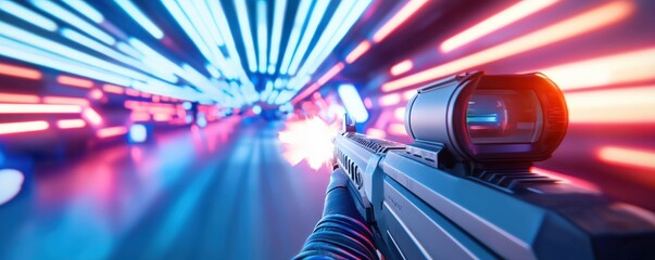 A futuristic scene featuring a gun with vibrant neon lights in the background, creating a dynamic and energetic atmosphere.