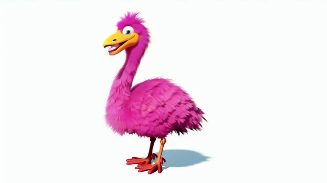 A playful 3D animation cartoon ostrich yellow beak featherless body long pink neck dancing spinning joyfully