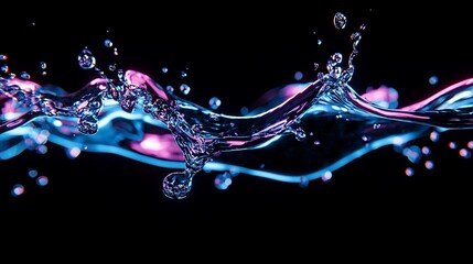 Abstract neon blue and pink water splash wave on black background.