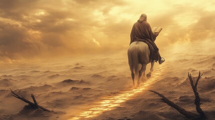 Lone rider reads book, desert path, apocalyptic sunset, faith journey