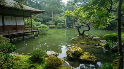 Tranquil Japanese Garden with Still Water and Lush Greenery