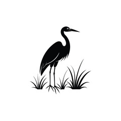 Black and White Heron Bird Silhouette with Grass – Vector Illustration